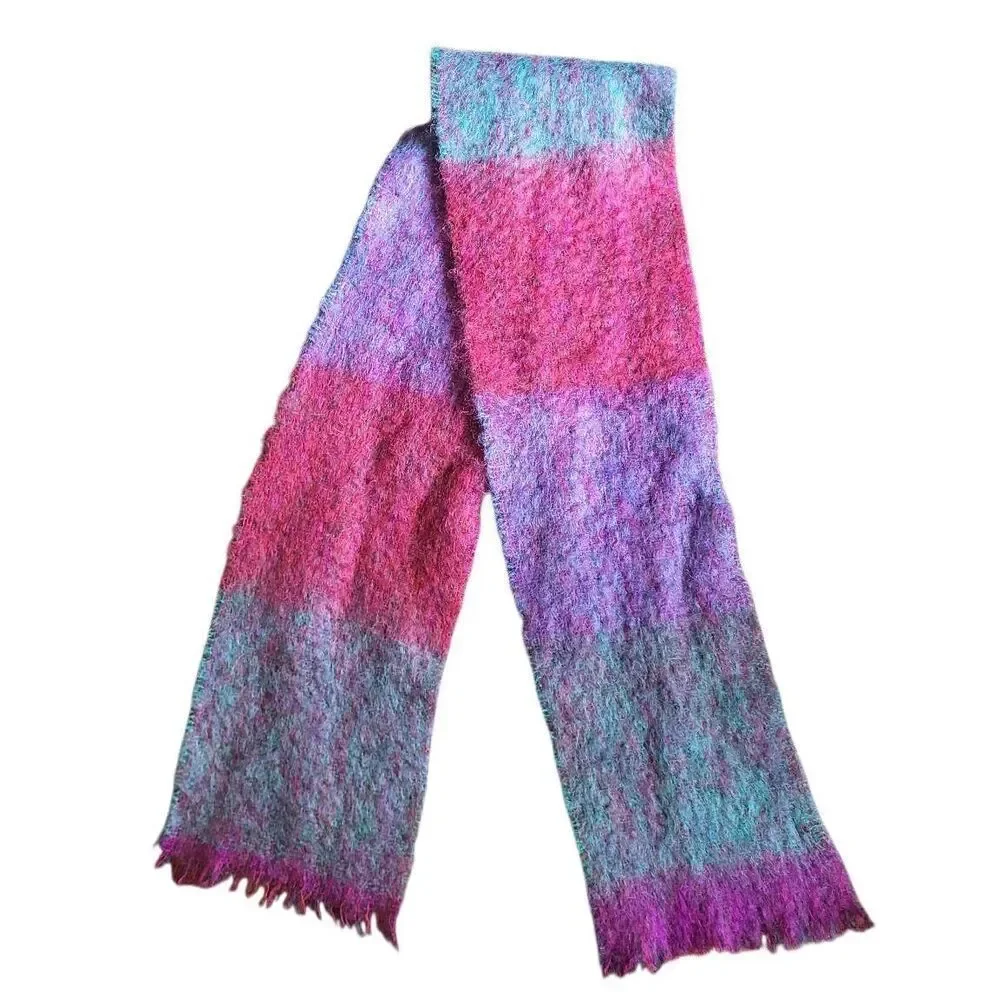 Donegal Design Scarf Purple Wool Mohair Fringe Colorblock Colorful Warm Cozy